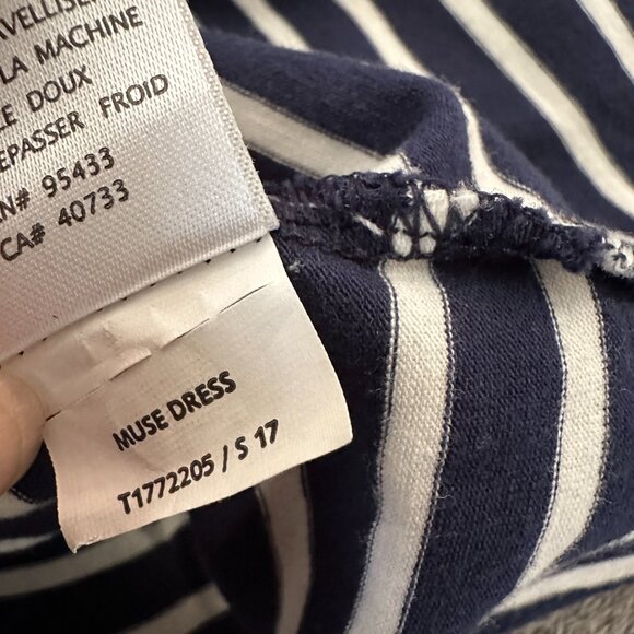 Toad & Co Muse Midi Cinch Dress MEDIUM Navy Stripe Short Sleeve V-Neck - Picture 7 of 7